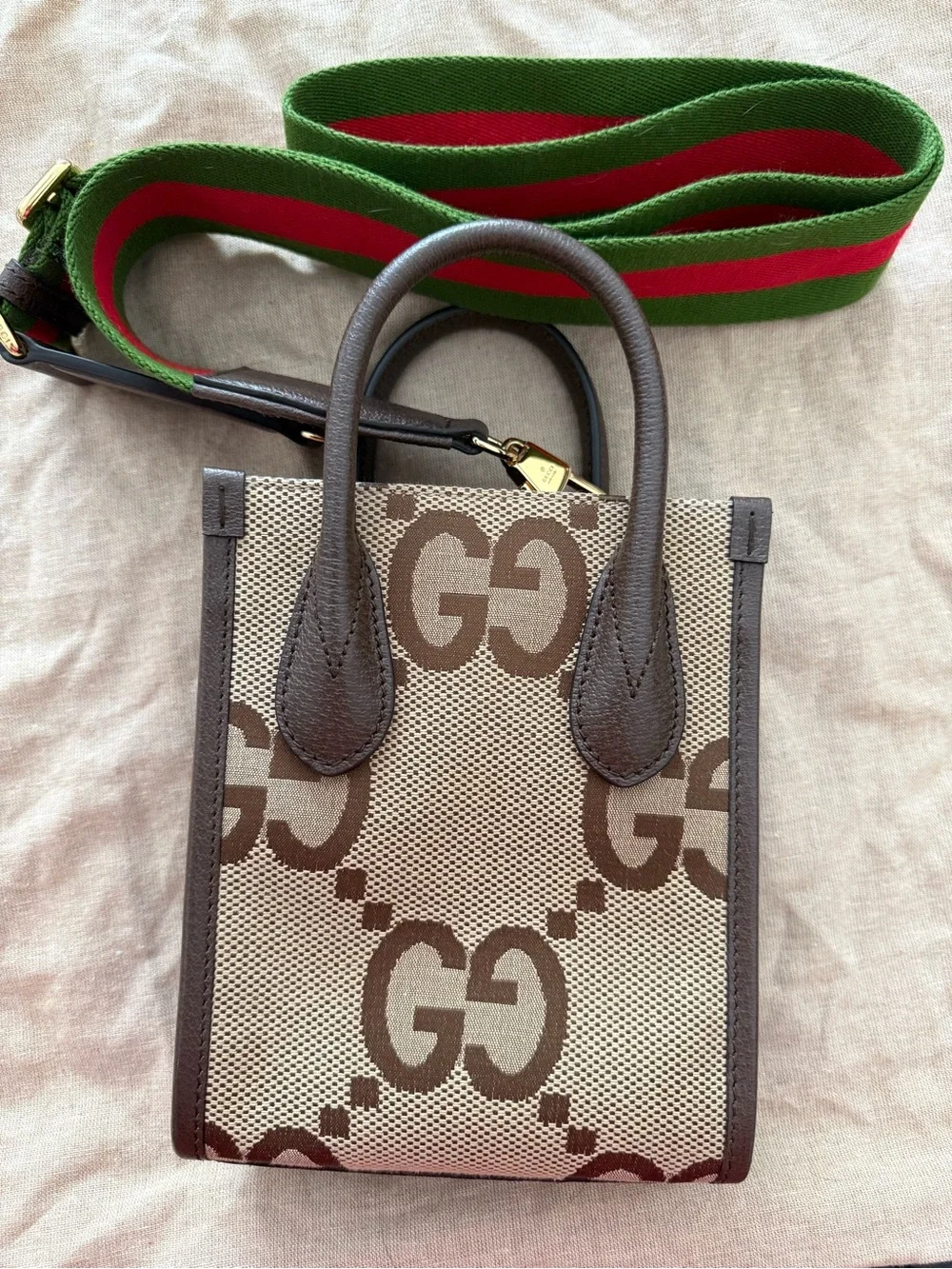 Gucci Brown/Beige GG Mini Tote with Green-Red Web Strap - Picture 6 of 11